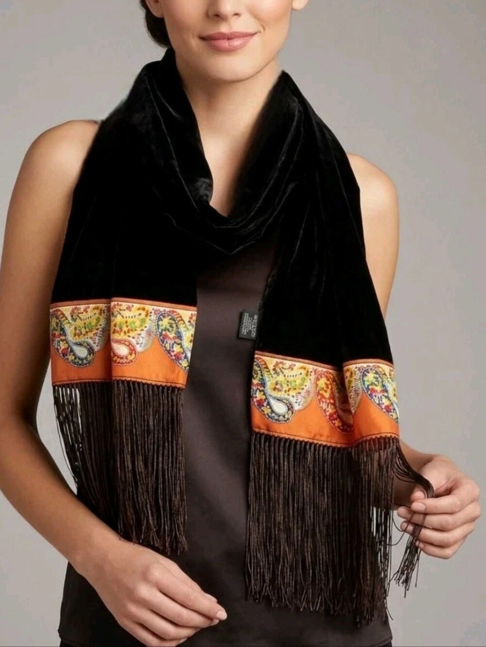 Vintage Kenneth Cole Velvet Silk Scarf Wrap Fringe Black Boho Hippie Paisley